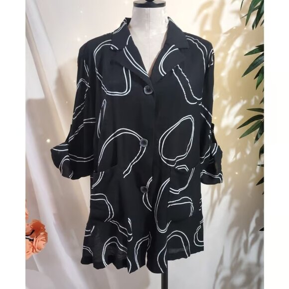 Tops - Creation Artsy Lagenlook Button Roll Tab Sleeve Blouse Top Womens Size XXL Black